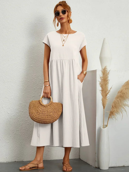 Women's Round Neck Loose-Fit Midi Summer Dress – Lightweight Casual Dress