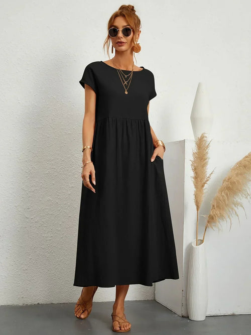 Women's Round Neck Loose-Fit Midi Summer Dress – Lightweight Casual Dress