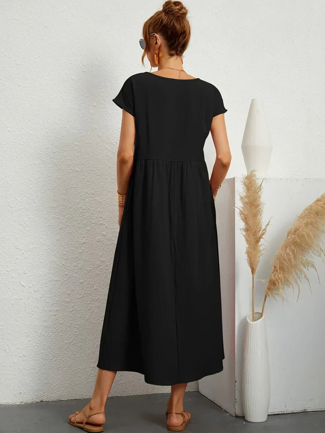 Women's Round Neck Loose-Fit Midi Summer Dress – Lightweight Casual Dress