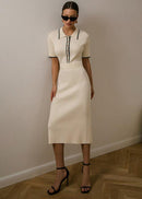 Midi Dress with Polo Collar - Elegant Women's Knitted Dress