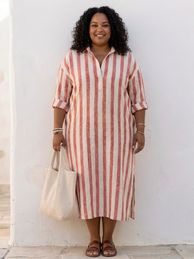 Women’s Long Sleeve Striped Midi Shirt Dress – Classic Casual Chic Style