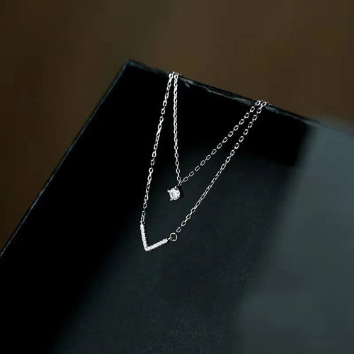 Women's Sparkling Zircon Double Layer V Necklace – Silver Chain Jewelry
