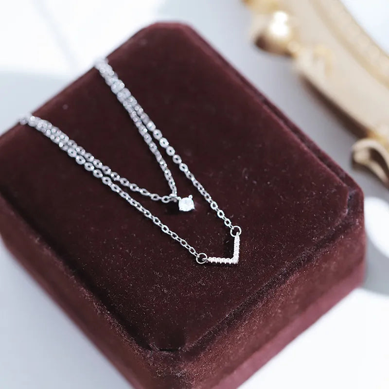 Women's Sparkling Zircon Double Layer V Necklace – Silver Chain Jewelry