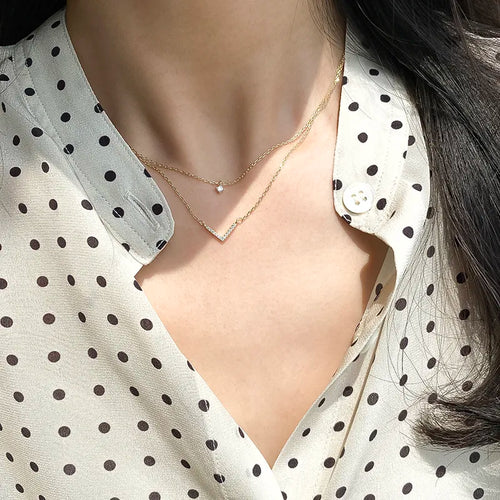 Women's Sparkling Zircon Double Layer V Necklace – Silver Chain Jewelry