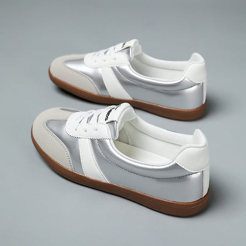 Women’s Trendy Laced-Up Faux Leather Sneakers – Cushioned Everyday Comfort