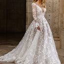 Women's Elegant Deep V-Neck Wedding Dress With Floral Lace Appliqués – Romantic Bridal Gown