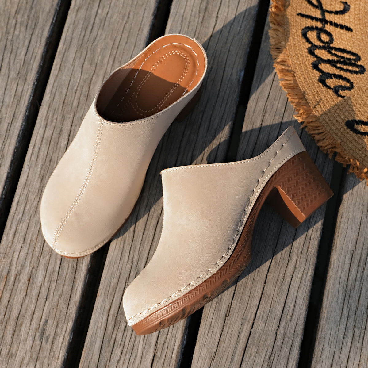 Women's Black Suede-Like Block Heel Mules With White Stitching