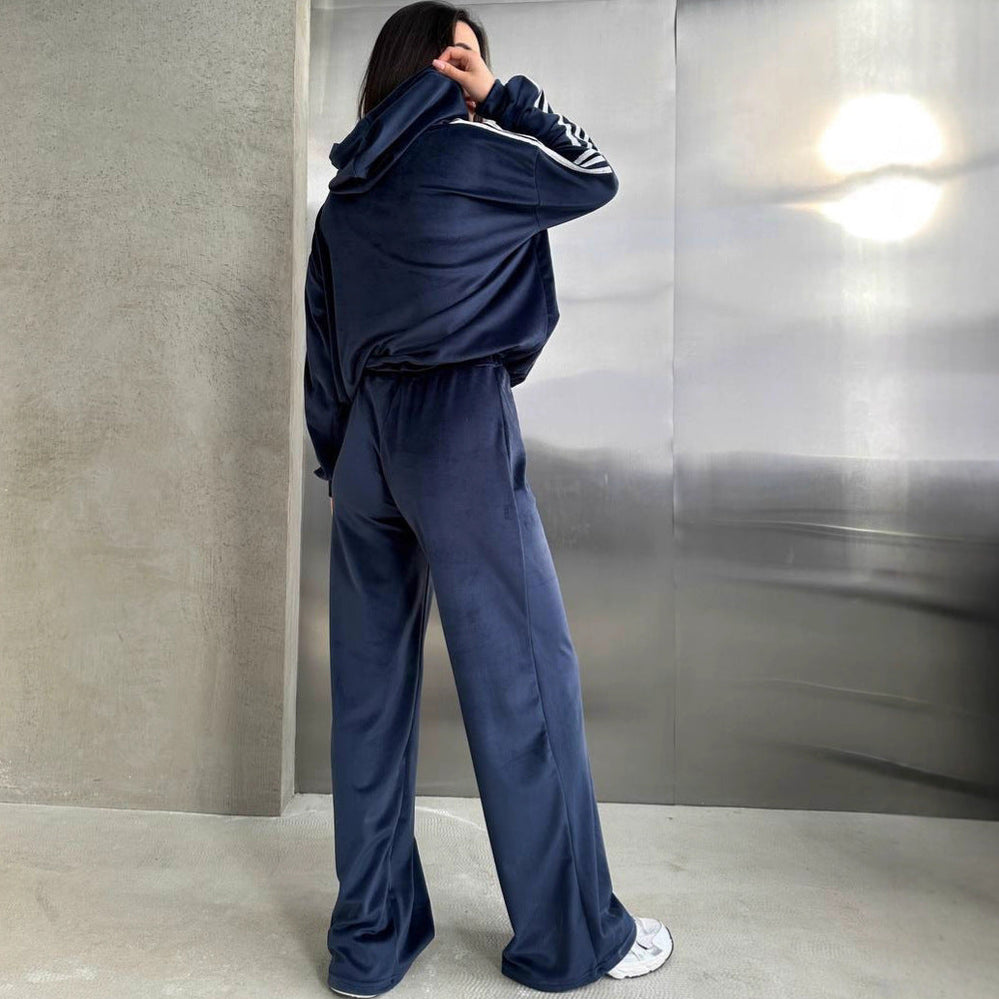 Women’s Velvet Hoodie And Wide Leg Trousers Set – Cozy Lounge Outfit