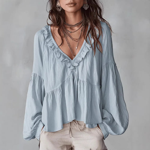 Women’s Flowing V-Neck Top With Gathered Details – Relaxed Elegant Blouse