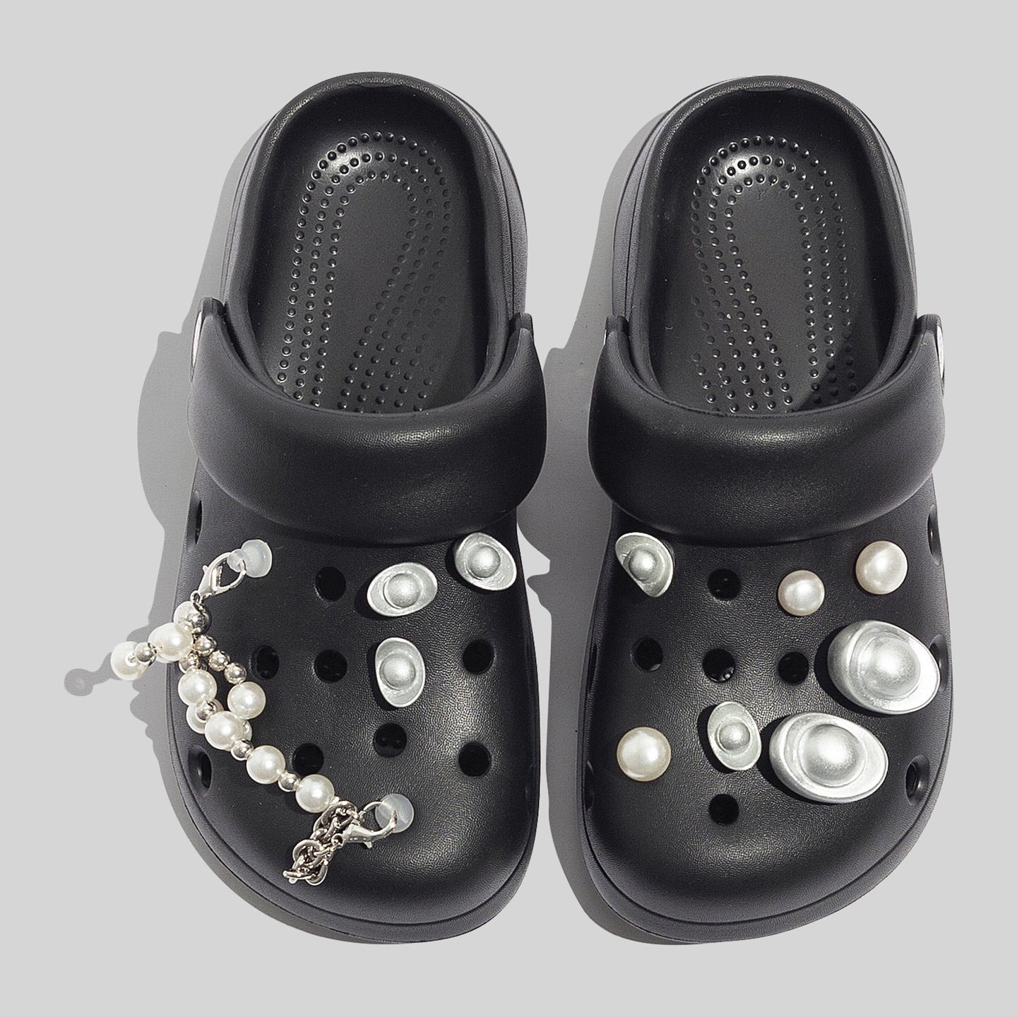 Women's Durable Black Clogs With Decorative Pearls And Beads
