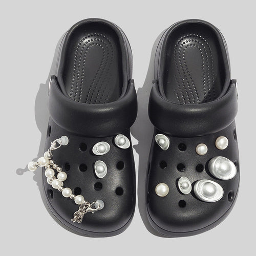 Women's Durable Black Clogs With Decorative Pearls And Beads