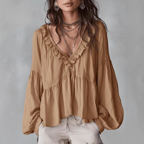 Women’s Flowing V-Neck Top With Gathered Details – Relaxed Elegant Blouse