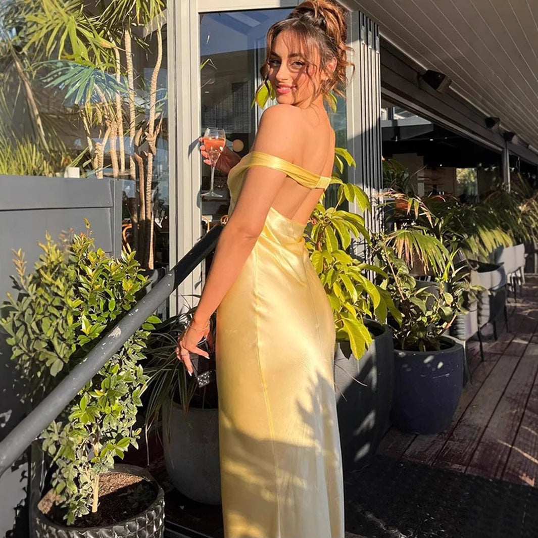 2025欧美女装时尚优雅修身缎面一字肩晚礼服连衣裙