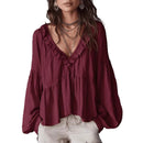 Women’s Flowing V-Neck Top With Gathered Details – Relaxed Elegant Blouse
