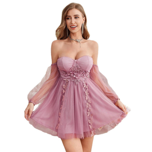Women's Pink Off-Shoulder Mesh Dress With Floral Applique Detail – Elegant Party Dress
