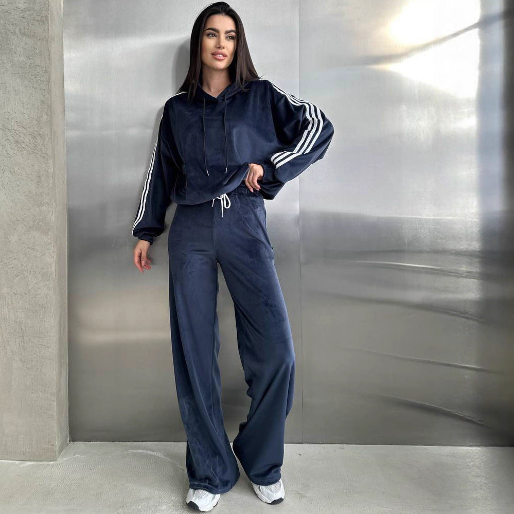 Women’s Velvet Hoodie And Wide Leg Trousers Set – Cozy Lounge Outfit