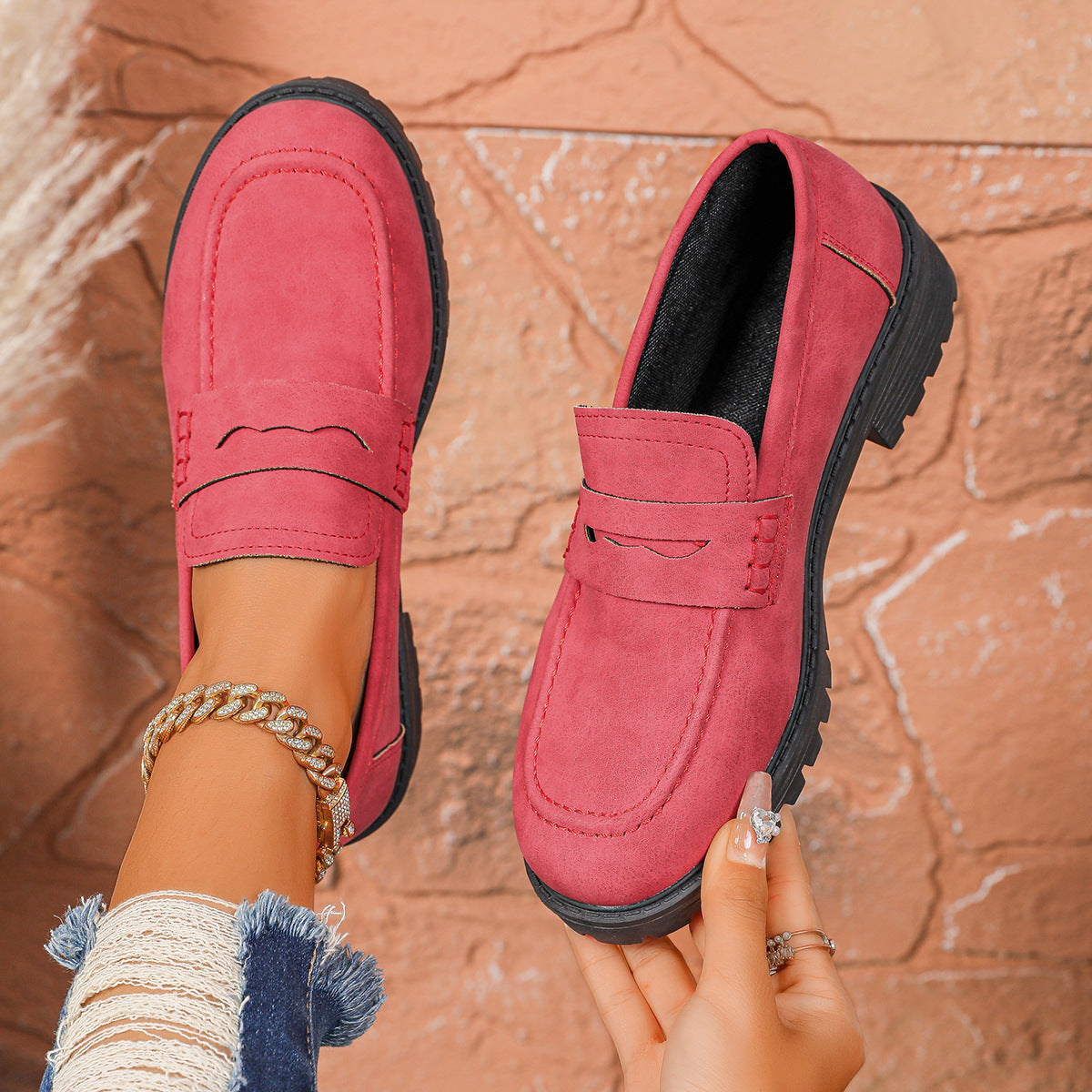 Women's Red Suede Chunky Platform Penny Loafers With Lug Sole