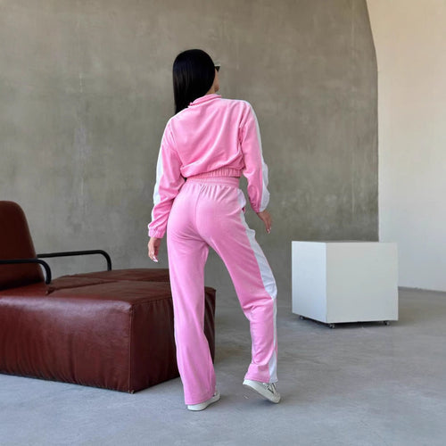 Women’s Zip-Up Velvet Tracksuit With Side Stripe – Luxury Lounge Set