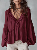 Women’s Flowing V-Neck Top With Gathered Details – Relaxed Elegant Blouse