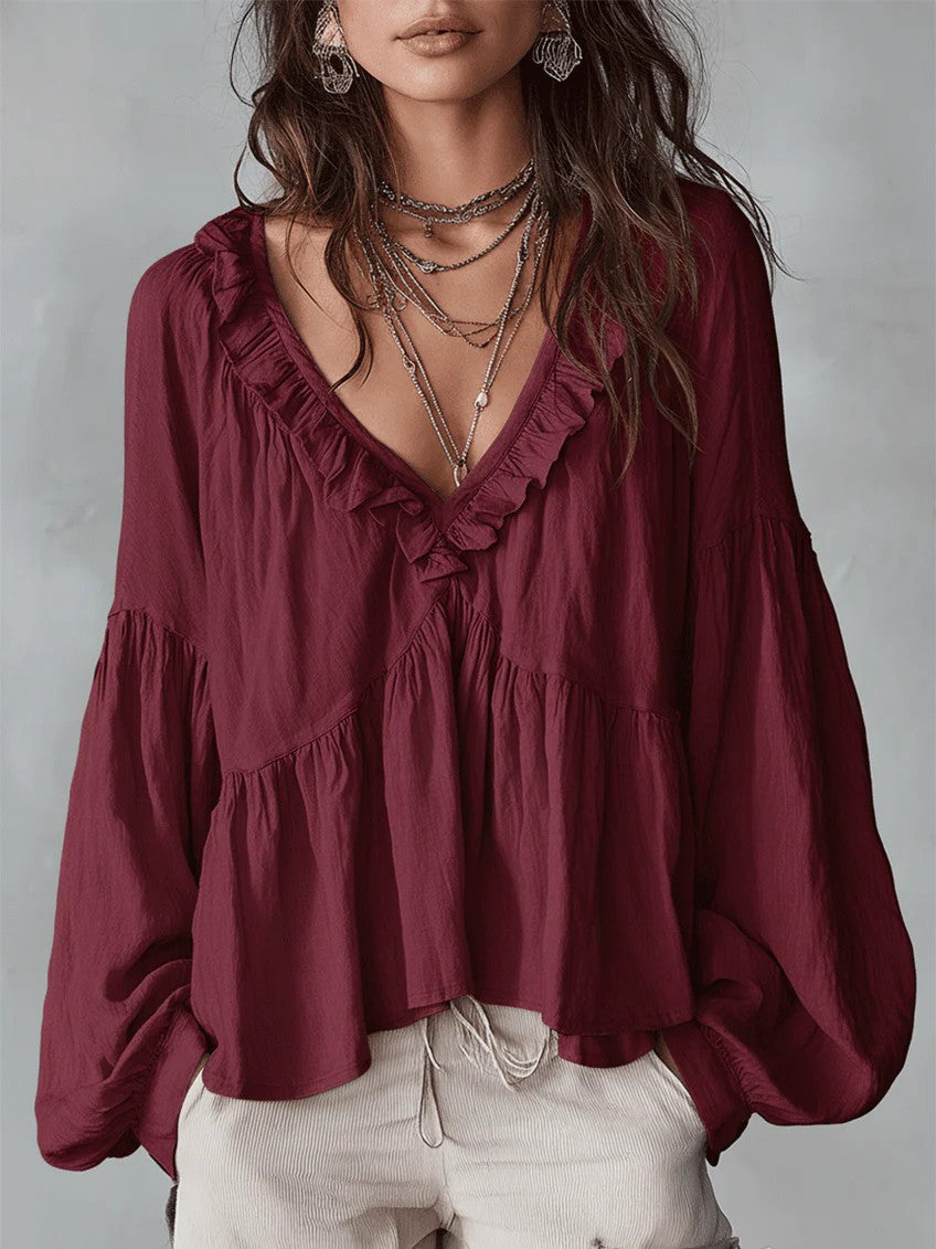 Women’s Flowing V-Neck Top With Gathered Details – Relaxed Elegant Blouse