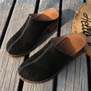 Women's Black Suede-Like Block Heel Mules With White Stitching