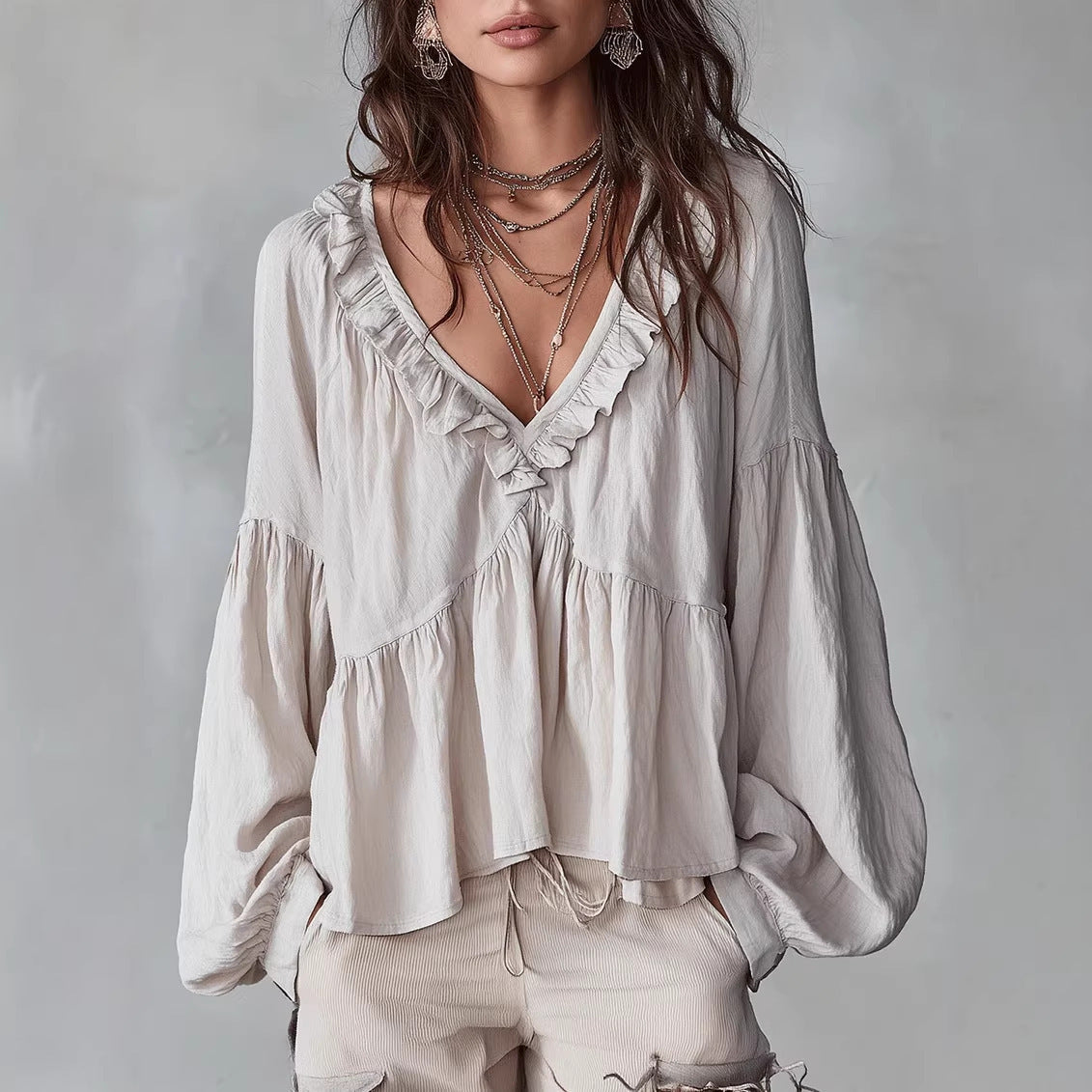 Women’s Flowing V-Neck Top With Gathered Details – Relaxed Elegant Blouse
