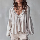 Women’s Flowing V-Neck Top With Gathered Details – Relaxed Elegant Blouse