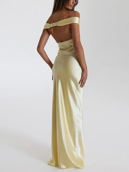 2025欧美女装时尚优雅修身缎面一字肩晚礼服连衣裙