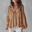 Women’s Flowing V-Neck Top With Gathered Details – Relaxed Elegant Blouse