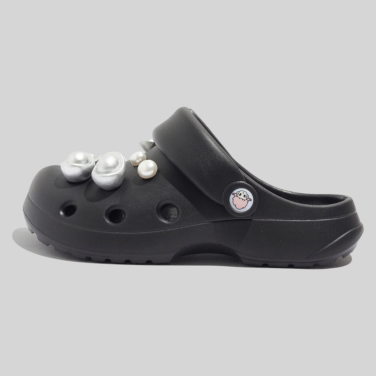 Women's Durable Black Clogs With Decorative Pearls And Beads