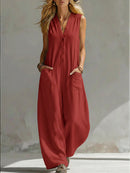 Women’s Sleeveless V-Neck Jumpsuit – Wide Leg With Pockets