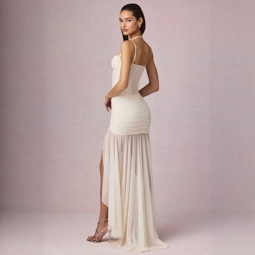 Women's Ruched Asymmetric Corset Gown In Ivory – Luxury Bridal Dress