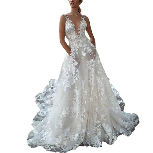 Women's V-Neck Sleeveless Lace Flowing Wedding Gown – Elegant Bridal Dress