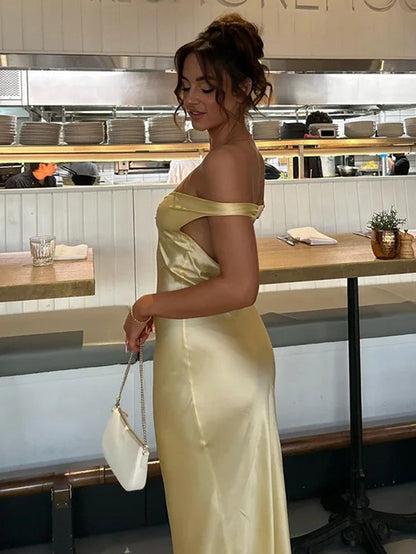 2025欧美女装时尚优雅修身缎面一字肩晚礼服连衣裙