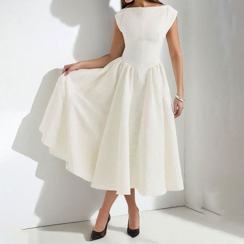 Women's High Neck Line Midi Dress with Gathers - Elegant Sleeveless Cocktail Dress