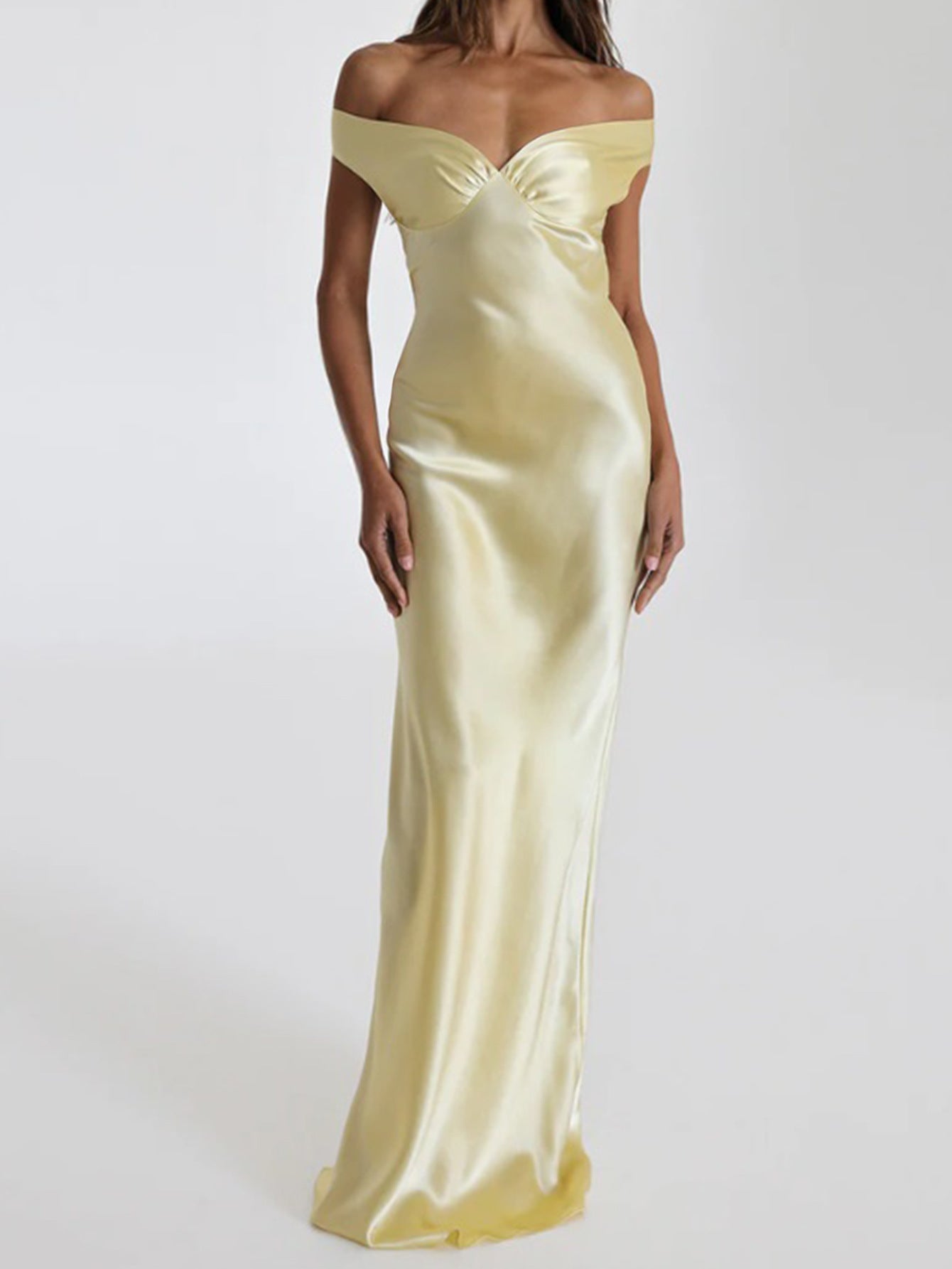 2025欧美女装时尚优雅修身缎面一字肩晚礼服连衣裙