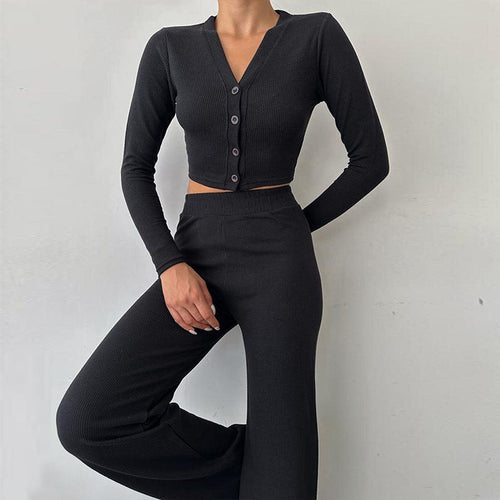 Women’s Fitted Crop Top And High Waist Pants Set – Buttoned Lounge Outfit