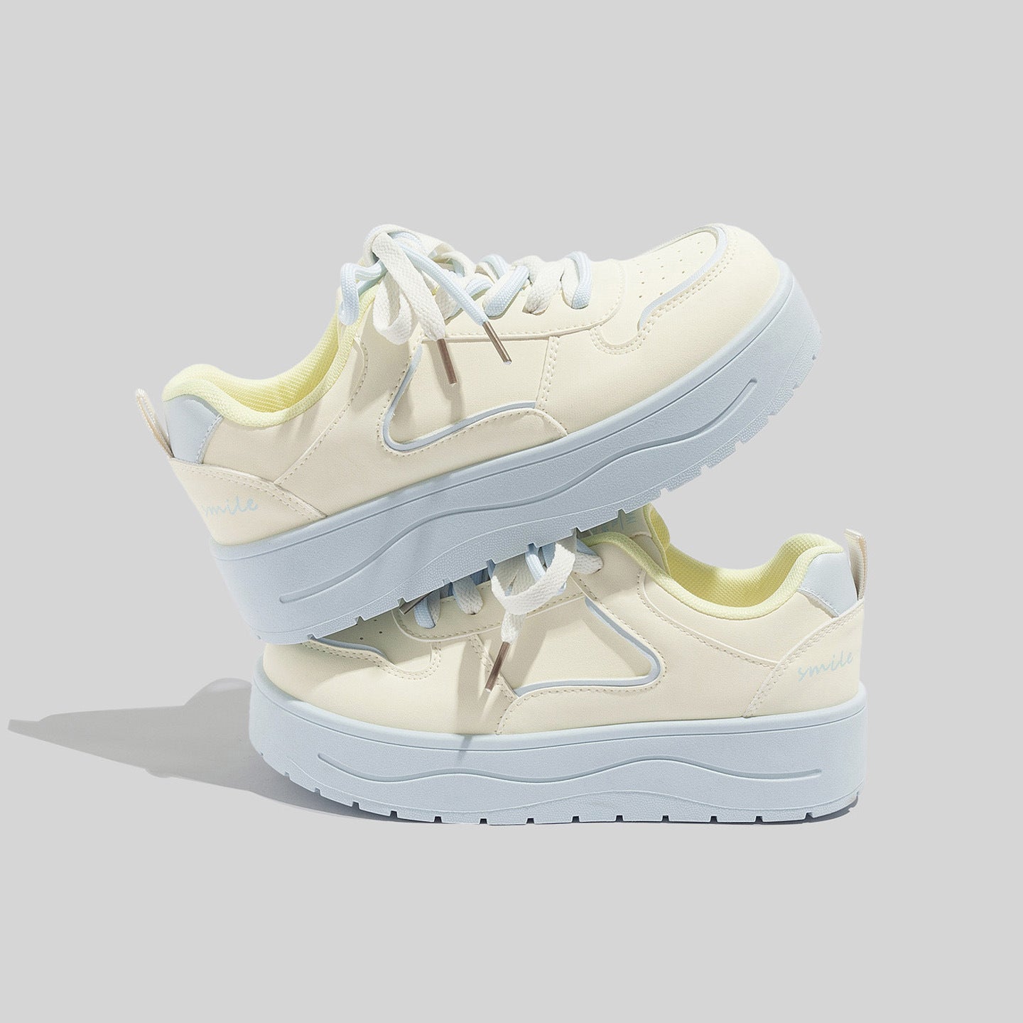 Women's Stylish Laced Up Beige Leather Sneakers With Platform Sole