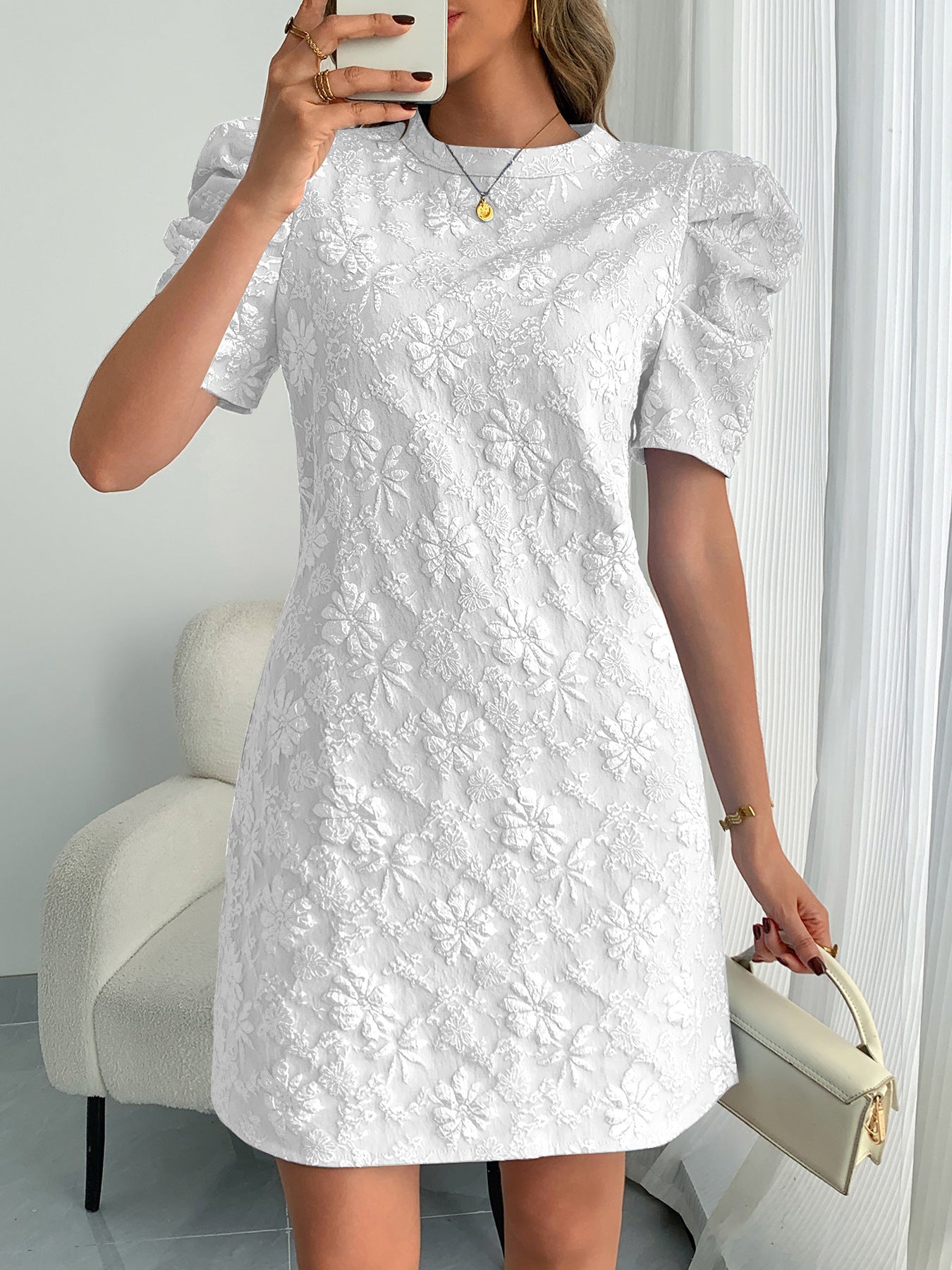 Women's Elegant Blue Textured Floral Mini Dress – Chic Party Style