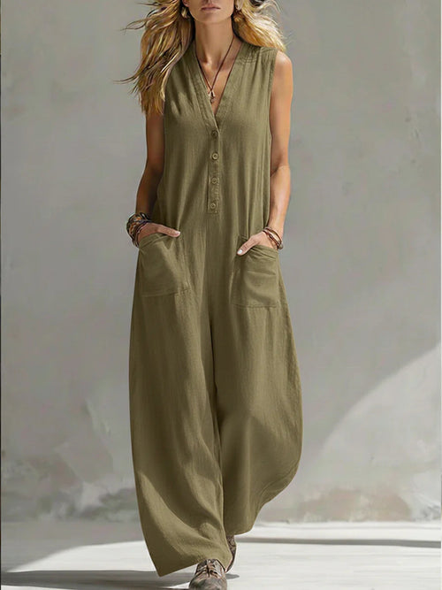 Women’s Sleeveless V-Neck Jumpsuit – Wide Leg With Pockets