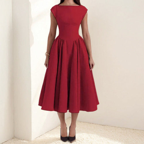 Women's High Neck Line Midi Dress with Gathers - Elegant Sleeveless Cocktail Dress