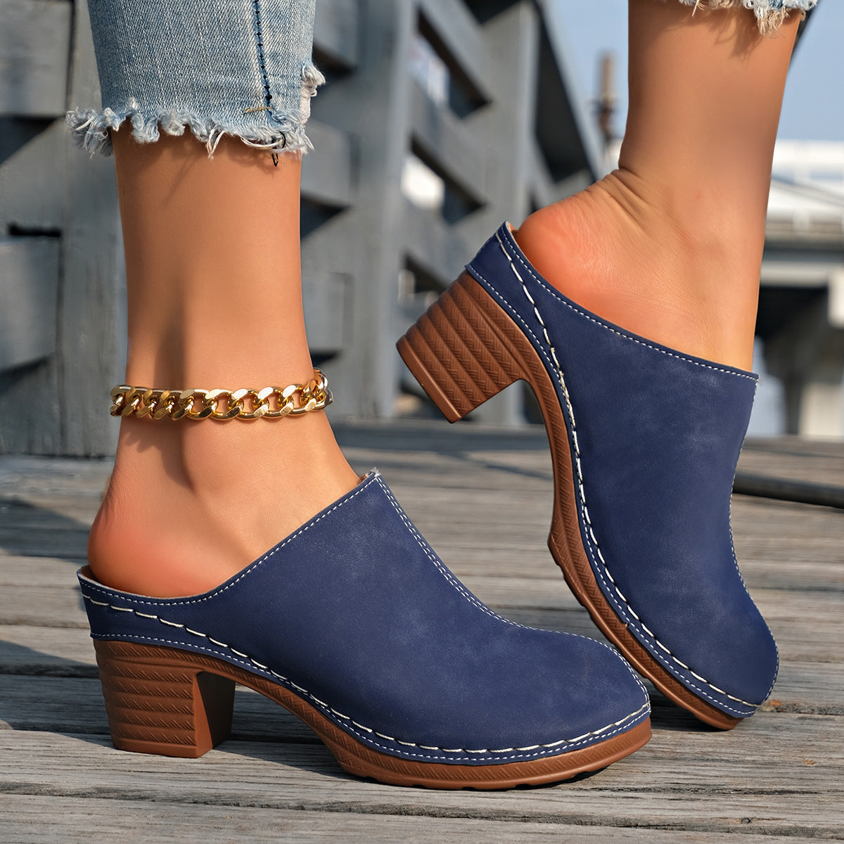 Women's Black Suede-Like Block Heel Mules With White Stitching