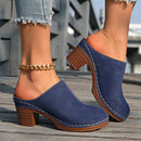 Women's Black Suede-Like Block Heel Mules With White Stitching