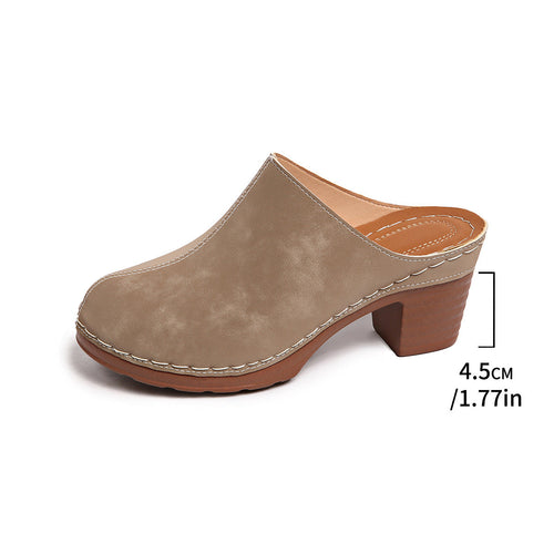 Women's Black Suede-Like Block Heel Mules With White Stitching