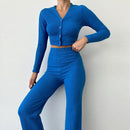 Women’s Fitted Crop Top And High Waist Pants Set – Buttoned Lounge Outfit
