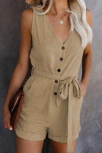 Women’s Sleeveless Buttoned Playsuit – Belted Summer Jumpsuit