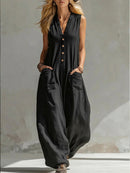 Women’s Sleeveless V-Neck Jumpsuit – Wide Leg With Pockets