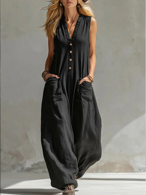 Women’s Sleeveless V-Neck Jumpsuit – Wide Leg With Pockets