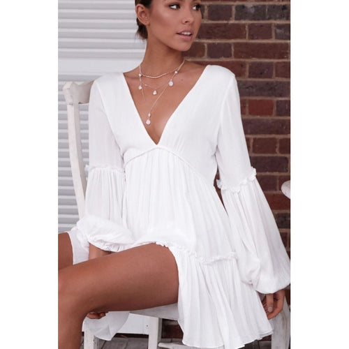 Women's White Boho Beach Mini Dress – Loose Sleeve Summer Casual Dress
