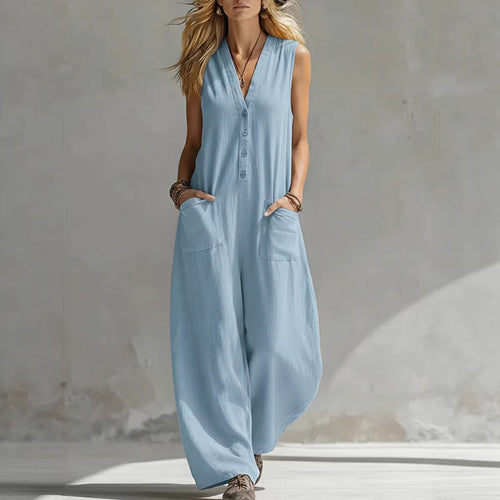 Women’s Sleeveless V-Neck Jumpsuit – Wide Leg With Pockets